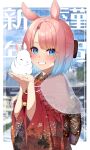  1girl absurdres animal animal_ears background_text bangs blue_eyes blue_hair blue_sky blurry blurry_background bob_cut commentary day depth_of_field furisode go-1 gradient_hair grin happy_new_year hatsumoude highres holding holding_animal japanese_clothes kemonomimi_mode kimono long_sleeves miruku_(go-1) multicolored_hair new_year original outdoors pink_hair print_kimono rabbit rabbit_ears red_kimono see-through_shawl shawl short_hair sky smile solo temple translated white_shawl wide_sleeves 