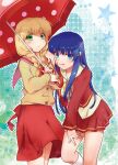  2girls :d amasawa_ikumi arm_on_shoulder bangs blonde_hair blue_eyes blue_hair blush bow braid brown_cardigan cardigan crossover green_eyes hair_ornament highres holding holding_umbrella jacket kneehighs long_hair long_sleeves looking_at_viewer misaki_juri moon_(game) multiple_girls one_-_kagayaku_kisetsu_e pink_sailor_collar red_jacket red_ribbon red_skirt red_umbrella ribbon sailor_collar satomura_akane school_uniform skirt smile smug socks star_(symbol) tongue tongue_out twin_braids umbrella white_sailor_collar white_socks yellow_ribbon 