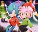  1boy 1girl amy_rose animal_ears animal_nose animal_print artist_name black_pants black_sky blue_fur blue_sky blurry blurry_background blush character_print christmas_tree closed_mouth commentary cup deer_print dr._eggman english_commentary eyelashes fence fur-trimmed_headwear fur_trim furry furry_female furry_male garland_(decoration) gloves gradient_sky green_eyes green_sweater hand_up hat hedgehog hedgehog_ears hedgehog_girl holding holding_cup leg_up light long_sleeves looking_at_viewer night night_sky no_shoes pants pink_fur pom_pom_(clothes) puffy_long_sleeves puffy_sleeves red_headwear red_sweater rellyia santa_hat sitting sky smile snow snowflake_print snowing socks sonic_(series) sonic_the_hedgehog star_(symbol) steam sweater white_gloves white_socks winter 