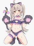  1girl ahoge animal_ears animal_hands bangs cat_ears cat_lingerie cat_paws cat_tail commentary_request highres kaito_(kaito921125) kneeling meme_attire navel onii-chan_wa_oshimai! oyama_mahiro solo tail twintails 