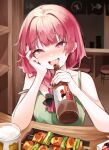  1girl absurdres alcohol bangs bare_shoulders beer beer_mug black_nails blush bocchi_the_rock! bottle bow braid braided_ponytail carton cup dress drunk e_name earrings elbow_rest food green_dress hair_bow highres hiroi_kikuri holding holding_bottle indoors jewelry long_hair mug noren nose_blush open_mouth pink_eyes pink_hair plate sleeveless sleeveless_dress smile solo stool strap_slip stud_earrings table tsurime 