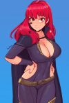  1girl absurdres bangs belt black_bodysuit blue_background bodysuit breasts cape chest_strap cleavage collarbone covered_navel fire_emblem fire_emblem_engage groin hands_on_hips highres hip_vent large_breasts long_hair looking_at_viewer raichiyo33 red_eyes red_hair side_cutout skin_tight solo strap thigh_strap upper_body yunaka_(fire_emblem) 