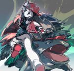  1girl :o alternate_color arm_up bangs bare_legs brown_hair eyelashes from_below green_shirt grey_shorts hat holding holding_poke_ball jacket leaf_(pokemon) leaf_(sygna_suit)_(pokemon) leg_up lillin long_hair long_sleeves looking_down mega_pokemon mega_venusaur official_alternate_costume open_clothes open_jacket open_mouth pink_headwear pink_jacket poke_ball poke_ball_(basic) pokemon pokemon_(creature) pokemon_(game) pokemon_masters_ex shirt shoe_soles shoes shorts venusaur 