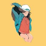  1girl arms_up bike_shorts brown_hair buttons closed_mouth green_jacket hat highres jacket knees leaf_(pokemon) leaf_(sygna_suit)_(pokemon) lillin long_hair long_sleeves official_alternate_costume one_eye_closed open_clothes open_jacket pink_shirt pokemon pokemon_(game) pokemon_masters_ex shirt simple_background solo stretching white_headwear yellow_background 