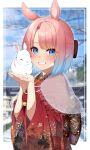  1girl absurdres animal animal_ears bangs bare_tree blue_eyes blue_hair blue_sky blurry blurry_background bob_cut day depth_of_field furisode go-1 gradient_hair grin hatsumoude highres holding holding_animal japanese_clothes kemonomimi_mode kimono long_sleeves miruku_(go-1) multicolored_hair original outdoors pink_hair print_kimono rabbit rabbit_ears red_kimono see-through_shawl shawl short_hair sky smile solo temple textless_version tree white_shawl wide_sleeves 