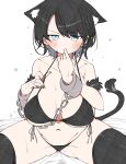  1girl animal_ear_fluff animal_ears bangs bikini black_bikini black_hair black_nails black_thighhighs blush breasts cat_ears cat_girl cat_tail cleavage cuffs highres hololive kuma_no_bansoukou large_breasts looking_at_viewer nail_polish navel oozora_subaru shackles short_hair side-tie_bikini_bottom side-tie_swimsuit solo swept_bangs swimsuit tail thighhighs virtual_youtuber 