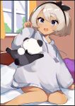  1girl :d alternate_costume arm_support bangs bea_(pokemon) black_hairband blonde_hair bow_hairband commentary_request curtains eyelashes grey_eyes grey_sweater hairband hand_up highres indoors long_sleeves makili_wakw on_bed open_mouth pancham pillow pokemon pokemon_(creature) pokemon_(game) pokemon_swsh short_hair sitting smile sweater teeth tongue upper_teeth_only window 