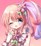  1girl ;d bangs blue_eyes blush center_frills flower frills gloves grey_shirt hair_between_eyes hair_flower hair_ornament hand_up highres index_finger_raised kanon_(pripara) long_hair looking_at_viewer multicolored_hair one_eye_closed pink_background pink_flower pink_hair pretty_(series) pripara pudding_(skymint_028) purple_hair shirt side_ponytail signature simple_background sleeveless sleeveless_shirt smile solo streaked_hair upper_body white_gloves 