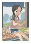  1girl absurdres black_eyes black_hair cat&#039;s_cradle child commentary_request crab ennui_orz female_child hair_ornament hairclip hermit_crab highres open_mouth original shirt short_shorts shorts sitting smile solo string t-shirt toad_(animal) wading 