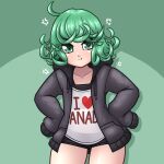  1girl ahoge anger_vein bangs black_jacket commentary english_commentary green_eyes green_hair highres jacket limebreaker one-punch_man pout short_shorts shorts sleeves_past_fingers sleeves_past_wrists solo tatsumaki 