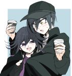  2boys :d bangs black_headwear black_jacket blush brown_eyes buttons collared_shirt commentary_request cup danganronpa_(series) danganronpa_v3:_killing_harmony disposable_cup grey_background hair_between_eyes highres holding holding_cup jacket long_sleeves male_focus multicolored_hair multiple_boys open_clothes open_mouth open_shirt ouma_kokichi purple_hair purple_shirt saihara_shuuichi shirt short_hair smile suzuko_(katahaba_v3) sweatdrop teeth two-tone_hair upper_teeth_only white_background 