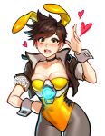  1girl alternate_costume animal_ears bangs black_pantyhose blushyspicy breasts brown_eyes brown_hair cleavage english_commentary highleg highleg_leotard highres jacket leotard looking_at_viewer overwatch pantyhose playboy_bunny rabbit_ears short_hair smile solo spiked_hair tracer_(overwatch) 