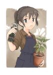  1girl absurdres apron black_eyes blue_apron braid breasts brown_hair brown_shirt commentary_request crown_braid ennui_orz highres holding monster_energy original plant ponytail potted_plant shirt small_breasts solo spray_can upper_body 