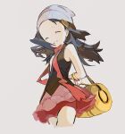  1girl arms_behind_back bag beanie black_hair black_shirt closed_eyes commentary dawn_(pokemon) duffel_bag floating_hair grey_headwear grin hair_ornament hairclip hat holding holding_poke_ball lillin long_hair pink_skirt poke_ball poke_ball_(basic) poke_ball_print pokemon pokemon_(game) pokemon_dppt scarf shirt skirt sleeveless sleeveless_shirt smile solo teeth yellow_bag 