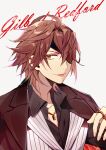  1boy bangs brown_hair character_name ear_piercing eyepatch gilbert_redford highres jewelry kiki0001616 male_focus messy_hair necklace piercing piofiore_no_bansho ring simple_background solo tongue tongue_out upper_body white_background yellow_eyes 