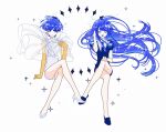  2others :d absurdres androgynous ascot bangs black_footwear blue_eyes blue_hair blue_nails blunt_bangs bowl_cut cengxunuo139 closed_eyes collared_shirt colored_eyelashes crossed_legs expressionless floating_hair gem_uniform_(houseki_no_kuni) glint glowing glowing_hair gold golden_arms half-closed_eyes hand_in_own_hair high_heels highres houseki_no_kuni lapis_lazuli_(houseki_no_kuni) loafers long_hair long_sleeves looking_at_another moon_uniform_(houseki_no_kuni) multiple_others nail_polish necktie other_focus phosphophyllite phosphophyllite_(ll) puffy_short_sleeves puffy_sleeves see-through see-through_sleeves shirt shoes short_hair short_jumpsuit short_sleeves shorts sitting smile sparkle spoilers straight_hair very_long_hair white_ascot white_footwear white_shirt white_uniform wide_sleeves 