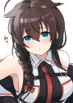  1girl absurdres ahoge bad_id bad_pixiv_id bangs bare_shoulders blue_eyes blush braid breasts brown_hair closed_mouth dyson_(edaokunnsaikouya) hair_between_eyes hair_flaps hair_ornament heart heart-shaped_pupils highres kantai_collection large_breasts long_hair looking_at_viewer necktie pout red_necktie shigure_(kancolle) shigure_kai_san_(kancolle) simple_background single_braid solo symbol-shaped_pupils upper_body white_background 