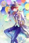  1boy avi_(yume-100) balloon bangs blue_jacket blue_pants gloves hat highres jacket long_sleeves male_focus multicolored_clothes multicolored_jacket open_mouth pants purple_eyes red_hair sakanako short_hair smile solo top_hat white_gloves white_jacket yume_oukoku_to_nemureru_100-nin_no_ouji-sama 