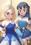  2girls :d armlet bangs beads black_hair blonde_hair blue_dress blue_gloves bow breasts closed_mouth collarbone commentary_request crescent crescent_hair_ornament dawn_(pokemon) dress earrings eyelashes flower gazing_eye gloves green_eyes hair_ornament hand_on_hip hand_up highres jewelry knees long_hair medium_hair multiple_girls official_alternate_costume open_mouth pokemon pokemon_(anime) pokemon_(game) pokemon_journeys pokemon_masters_ex serena_(champion)_(pokemon) serena_(pokemon) short_dress single_strap smile sparkle tongue white_flower wrist_cuffs 