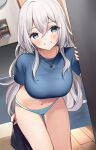  1girl blue_eyes blue_panties blue_shirt breasts crop_top grin highres jewelry large_breasts leaning_forward long_hair looking_at_viewer mole mole_on_thigh navel necklace no_pants original panties ry_thae sanyu_(ry_thae) shirt short_sleeves smile solo standing stomach thighs underwear very_long_hair white_hair 