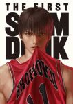  1boy absurdres bangs basketball_jersey basketball_uniform biting biting_clothes black_eyes black_hair commentary copyright_name highres korean_commentary looking_at_viewer male_focus mamba parted_lips realistic red_shirt rukawa_kaede shirt short_hair simple_background slam_dunk_(series) sleeveless sleeveless_shirt solo sportswear v-shaped_eyebrows white_background 
