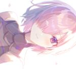  1girl armor bare_shoulders black_armor blush closed_mouth commentary fate/grand_order fate_(series) hair_over_one_eye head_tilt highres kilo_kkkk light_purple_hair looking_at_viewer mash_kyrielight one_eye_covered petals purple_eyes short_hair simple_background smile solo twitter_username white_background 
