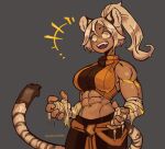  1girl abs absurdres animal_ears bandaged_arm bandages blonde_hair breasts bumblesteak cat_ears cat_girl crop_top dark_skin fangs highres large_breasts looking_at_viewer muscular muscular_female open_mouth orange_eyes original short_hair simple_background smile solo tail tiger_girl 