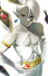  1boy abs armband commentary_request crystal_earrings earrings elbow_gloves ghirahim gloves hands_on_hips highres jewelry jimaku kunai male_focus motion_blur pale_skin pectorals pointy_ears purple_eyes smile solo the_legend_of_zelda the_legend_of_zelda:_skyward_sword upper_body weapon white_gloves white_hair 