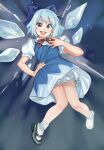  1girl :d bangs blue_bow blue_hair bow cirno cirno_day dress floating girutea hair_bow hand_on_hip highres ice looking_at_viewer neck_ribbon open_mouth puffy_short_sleeves puffy_sleeves red_ribbon ribbon shoes short_sleeves single_shoe smile socks solo touhou 