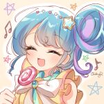  1girl :d ^_^ bangs beamed_eighth_notes blue_hair blush bow brooch brown_background candy closed_eyes eighth_note facing_viewer food hair_bun hair_ornament heart heart_hair_ornament highres holding holding_candy holding_food holding_lollipop jewelry lollipop multicolored_hair musical_note outline pinon_(pripara) pretty_(series) pripara pudding_(skymint_028) purple_hair signature single_side_bun smile solo star_(symbol) star_hair_ornament streaked_hair swirl_lollipop upper_body white_bow white_outline 
