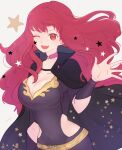  1girl ;d bangs black_cape bodysuit breasts cape choker cleavage collarbone covered_navel d_kenpis eyelashes facial_mark fire_emblem fire_emblem_engage floating_hair hair_ornament hand_up high_collar highres large_breasts long_hair one_eye_closed open_mouth pink_choker pink_hair purple_bodysuit red_eyes side_cutout simple_background smile solo standing star_(symbol) star_facial_mark star_hair_ornament teeth upper_teeth_only white_background yunaka_(fire_emblem) 