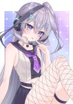  1girl :p animal_ear_headphones animal_ears antenna_hair bangs belt black_headphones blush cat_ear_headphones cat_pendant choker commission fake_animal_ears finger_to_mouth hair_between_eyes hair_flaps hair_ornament headphones high_belt highres hiiragi_kei knees_up light_purple_hair looking_at_viewer multicolored_hair neckerchief nemurime_charo pendant_choker pleated_skirt power_symbol-shaped_pupils purple_eyes purple_hair purple_neckerchief purple_sailor_collar purple_skirt sailor_collar school_uniform serafuku shirt sidelocks single_fishnet_legwear sitting skeb_commission skirt sleeveless sleeveless_shirt streaked_hair thigh_strap tongue tongue_out triangle_facial_mark triangle_hair_ornament virtual_youtuber wactor_production white_choker white_serafuku x_hair_ornament 