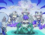  2boys 3girls backdrop black_sclera blue_dress blue_eyes blue_tongue chibi colored_sclera colored_tongue dress duel_monster freckles gameplay_mechanics green_eyes grey_hair head_fins highres king_of_the_swamp looking_at_another monster multiple_boys multiple_girls okirune_(yappa_neruwa) red_eyes shaded_face surprised tearlaments_havnis tearlaments_kitkallos tearlaments_merrli tearlaments_reino-heart tearlaments_scheiren very_long_sleeves yu-gi-oh! 