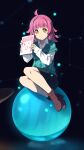  1girl ahoge aquarius_(constellation) bangs commentary_request constellation dark_background drawing highres holding holding_sketchbook laofuzi_dai_bansho light_particles looking_at_viewer love_live! love_live!_nijigasaki_high_school_idol_club medium_hair pink_hair rina-chan_board sidelocks sitting sketchbook solo tennouji_rina uranus_(planet) virgo_(constellation) yellow_eyes 