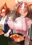  2girls ahoge animal_ears bowl breasts brown_hair chopsticks closed_eyes collared_shirt commentary_request cup drinking_glass eating food foodgasm hair_ribbon highres holding holding_chopsticks horse_ears horse_girl jacket large_breasts long_sleeves meisho_doto_(umamusume) multicolored_hair multiple_girls noodles orange_hair pink_sweater purple_jacket purple_ribbon ramen ribbed_sweater ribbon shirt short_hair sweater t.m._opera_o_(umamusume) two-tone_hair umamusume white_hair white_shirt yomikara01 