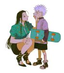  1boy 1girl bangs black_footwear black_hair black_shorts bleeding blood breasts brother_and_sister child commentary genderswap genderswap_(mtf) green_shirt grey_hair hand_on_own_knee high_heels highres holding holding_handkerchief holding_skateboard hunter_x_hunter illumi_zoldyck irpot killua_zoldyck layered_sleeves legs_apart long_sleeves male_child miniskirt open_mouth pants pencil_skirt puffy_short_sleeves puffy_sleeves shirt short_hair short_over_long_sleeves short_sleeves shorts siblings simple_background skateboard skirt spiked_hair squatting standing talking white_background white_hair white_pants wiping_blood wiping_face 