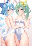  2girls animal_ears ass bangs blue_bow blue_eyes blue_hair blush bow cirno commentary_request commission covered_navel cowboy_shot daiyousei detached_collar detached_wings fairy fairy_wings fake_animal_ears fake_tail green_eyes green_hair groin hair_between_eyes hair_bow highres ice ice_wings leotard long_hair multiple_girls open_mouth parted_lips playboy_bunny rabbit_ears rabbit_tail short_hair side_ponytail smile strapless strapless_leotard tail touhou white_leotard wings wrist_cuffs y_na1211 