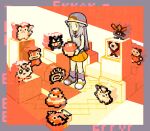  1girl bangs black_wristband border brown_hair clefairy closed_mouth commentary gengar grey_border grey_shirt grimer hat holding jigglypuff leaf_(pokemon) lillin long_hair loose_socks magikarp mr._mime oddish orange_skirt pikachu poke_ball pokemon pokemon_(game) pokemon_frlg poliwag shirt shoes skirt sleeveless sleeveless_shirt slowpoke socks sprite standing unown white_headwear wristband 