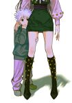  1boy 1girl arms_at_sides bangs black_footwear black_hair blurry boots brother_and_sister clinging commentary drawstring fingernails genderswap genderswap_(mtf) green_skirt hand_on_another&#039;s_shoulder hand_on_own_thigh hand_up head_out_of_frame highres hunter_x_hunter illumi_zoldyck irpot killua_zoldyck knee_boots leg_grab legs_apart miniskirt pants pencil_skirt sash shadow sharp_fingernails shoes short_hair siblings simple_background skirt spiked_hair white_background white_hair white_pants 