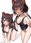  1girl :3 absurdres all_fours animal_ears bangs black_tank_top bottomless breast_slip breasts brown_hair dog_ears dog_girl dog_hair_ornament dog_tail flower glastonbury1966 grey_panties hair_flower hair_ornament heterochromia highres inui_toko long_hair looking_at_viewer low_twintails maid_headdress medium_breasts multiple_views nijisanji nipples no_bra panties red_eyes simple_background smile socks tail tank_top twintails underwear very_long_hair virtual_youtuber white_background yellow_eyes 