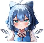  1girl 380u0 :t ahoge bangs blue_bow blue_eyes blue_hair bow cirno closed_mouth collarbone detached_wings fairy hair_bow ice ice_wings looking_at_viewer pout short_hair simple_background solo touhou white_background wings 