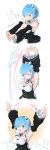  1girl 3: :3 :d =3 \o/ absurdres armpits arms_up arrow_(symbol) blue_eyes blue_hair blush breasts cleavage closed_eyes detached_sleeves hair_ornament hairclip highres interlocked_fingers large_breasts light_frown maid mameroku multiple_views outstretched_arms re:zero_kara_hajimeru_isekai_seikatsu rem_(re:zero) roswaal_mansion_maid_uniform short_hair smile sound_effects stretching translation_request trembling x_hair_ornament 