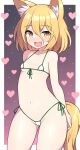  1girl :d animal_ears arched_back bangs bare_shoulders bikini blonde_hair blush breasts collarbone fang fox_ears fox_girl fox_tail groin hair_between_eyes heart highres kudamaki_tsukasa light_blush looking_at_viewer micro_bikini navel open_mouth rizento short_hair simple_background small_breasts smile solo stomach swimsuit tail thighs touhou wavy_mouth yellow_eyes 