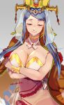  1girl bangs blue_hair blush bracelet breasts cape cleavage closed_mouth collarbone crossed_arms dress fire_emblem fire_emblem_engage frilled_dress frills gradient_background high_collar highres jewelry koda1ra large_breasts long_hair lumera_(fire_emblem) navel orange_cape panties see-through see-through_dress smile solo strapless strapless_dress swept_bangs twitter_username underwear veil white_dress white_panties yellow_headwear 