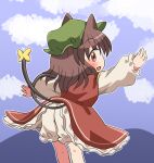  1girl animal animal_ears bangs bloomers blush brown_hair bug butterfly cat_ears cat_tail chen dress feet_out_of_frame green_headwear hat long_sleeves mob_cap multiple_tails open_mouth outstretched_arms red_dress red_eyes rokugou_daisuke shirt short_hair signature smile solo spread_arms tail touhou two_tails underwear white_shirt 