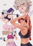  4girls afro_puffs aqua_eyes armpits back bangs barbell black_gloves braid chuatury_panlunch commentary_request crown_braid dumbbell felsi_rollo fingerless_gloves gloves grey_hair gundam gundam_suisei_no_majo hairband highres licking_lips low_ponytail midriff multiple_girls muscular muscular_female nokhong_y pants pink_eyes pink_hair pink_sports_bra purple_hair red_hair sabina_fardin short_bangs sports_bra squatting stretching suletta_mercury sweat tan thick_eyebrows toned tongue tongue_out v white_background wristband yellow_eyes yoga_pants 