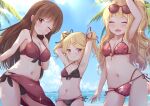  3girls ;) armpits beach bikini blonde_hair blue_sky blush breasts brown_eyes brown_hair closed_eyes cloud eyewear_on_head highres io_(princess_connect!) io_(real)_(princess_connect!) long_hair looking_at_viewer medium_breasts misaki_(princess_connect!) misaki_(real)_(princess_connect!) multiple_girls navel nyxerebos one_eye_closed open_mouth princess_connect! red_bikini red_eyes sky small_breasts smile suzuna_(princess_connect!) suzuna_(real)_(princess_connect!) swimsuit 