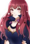  1girl bangs blue_cape breasts cape choker cleavage closed_mouth eyelashes facial_mark fire_emblem fire_emblem_engage hair_ornament high_collar konoka624 long_hair medium_breasts pink_choker pink_eyes red_hair simple_background smile solo split_mouth star_(symbol) star_facial_mark star_hair_ornament upper_body white_background yunaka_(fire_emblem) 