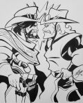 2boys bullet cartoonized cassidy_(overwatch) commission cowboy_hat cowboy_western crossover facial_hair gloves goatee grey_background gun hat highres hol_horse holding holding_gun holding_weapon holstered_weapon jojo_no_kimyou_na_bouken long_hair looking_at_another male_focus medium_hair monochrome multiple_boys overwatch revolver scarf short_sleeves signature simple_background stardust_crusaders steve_yurko teeth toon_(style) weapon 