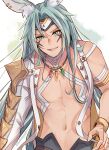  1boy animal_ears bangs blue_eyes blue_hair bracelet carrot_(robosquat) dragalia_lost facial_mark headband jewelry long_hair looking_at_viewer luca_(dragalia_lost) male_focus navel official_alternate_costume open_mouth rabbit_ears simple_background single_sleeve solo teeth topless_male twitter_username upper_body very_long_hair 